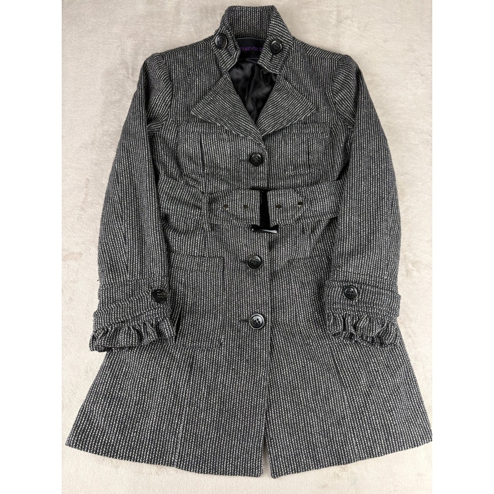 Forever 21 Womens Black White Wool Blend Belted Trench Coat Ruffle Cuff Medium